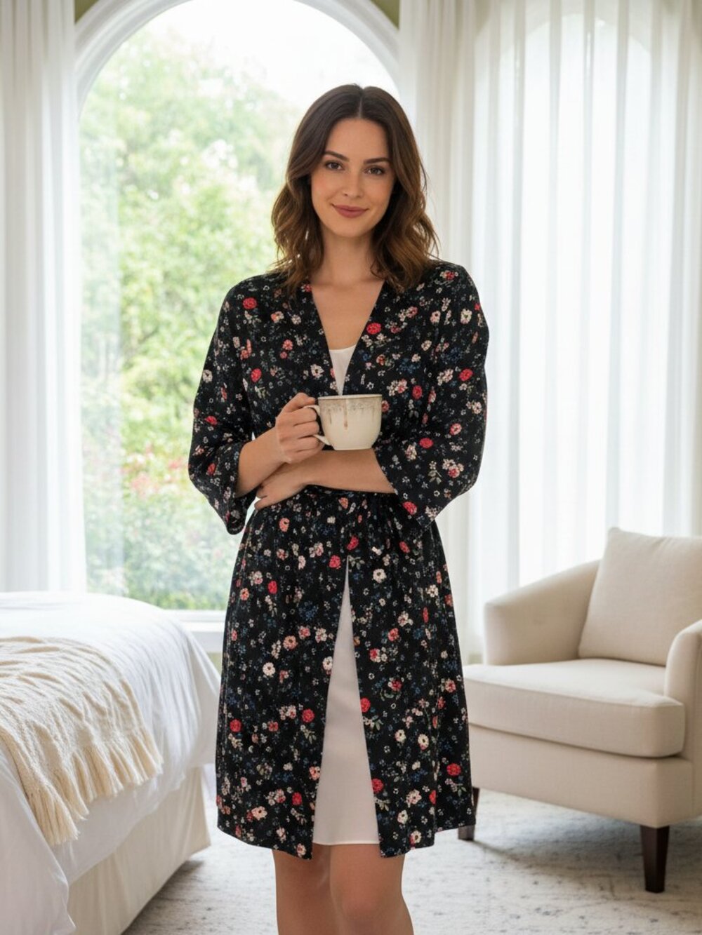 Flora Nikrooz Floral Wrap Robe NWT Black Floral Large — ROBE ONLY